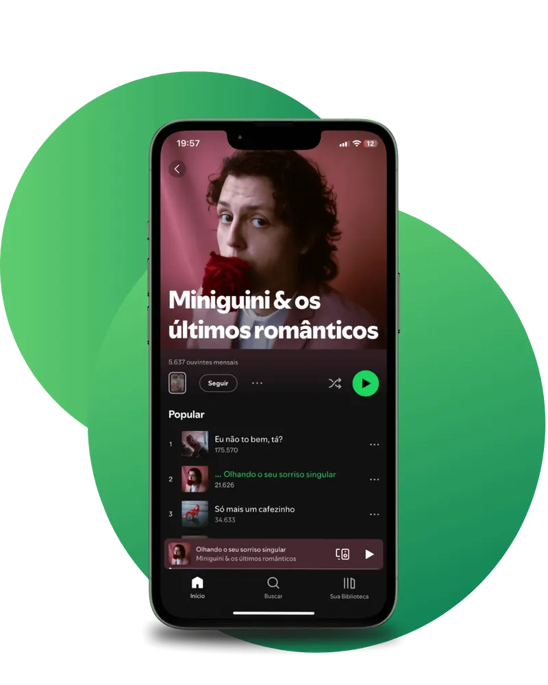 Perfil de artista no Spotify com ouvintes mensais e faixas populares
